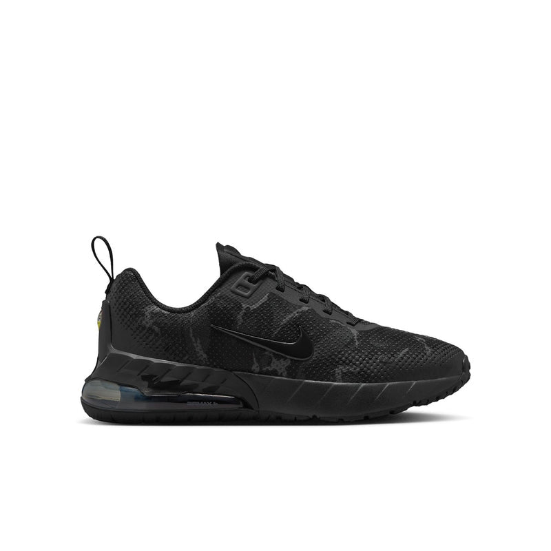 Youth Air Max Phoenix sneaker in dark camo texture, black laces, low profile sole.