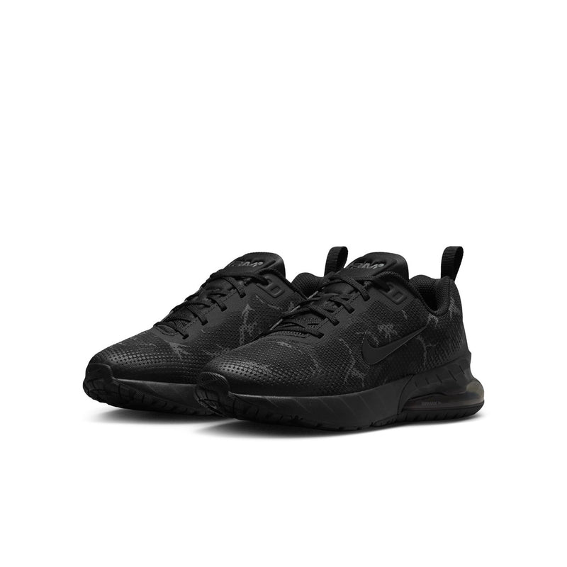 Youth Air Max Phoenix sneaker side view in dark camo, black laces and cushioned sole.