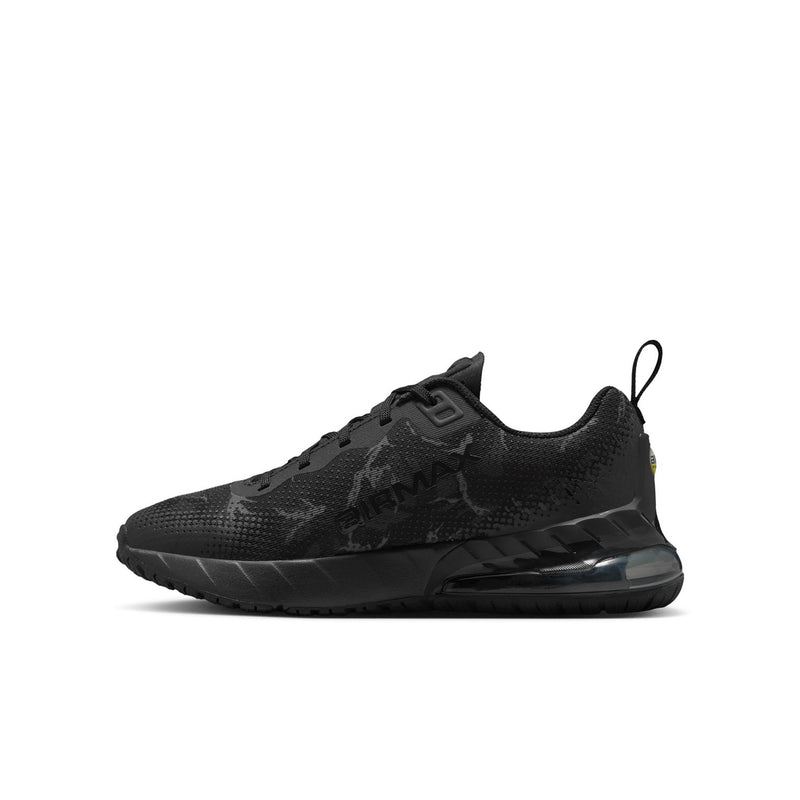Youth Air Max Phoenix sneaker angled side view, dark camo upper and black rubber sole.
