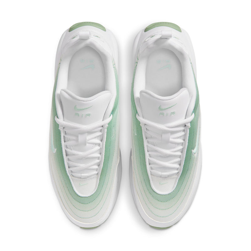 White mint green women's lace-up sneaker, front view with molded tongue and logo