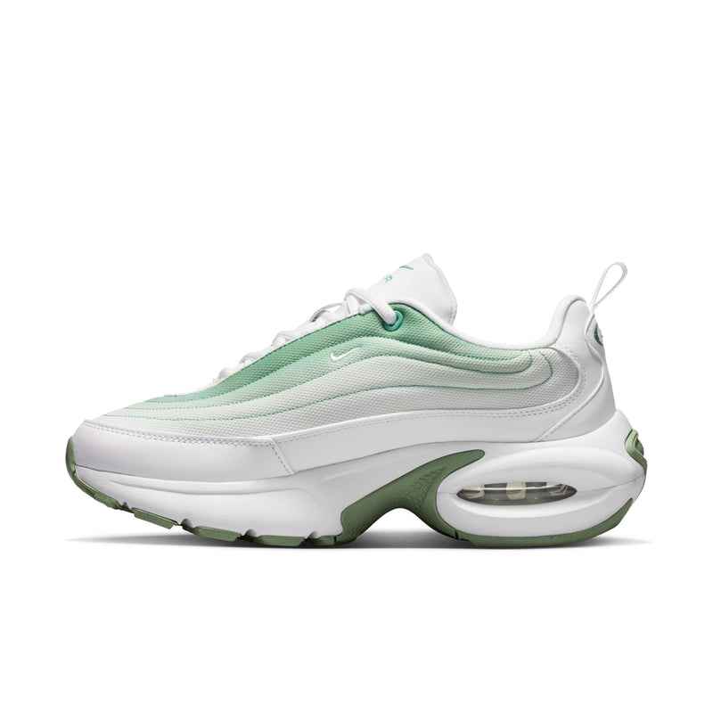 White and mint green women's Air-cushioned sneaker, side profile with Swoosh