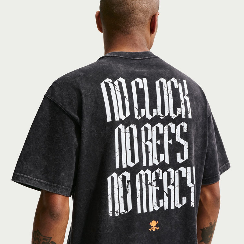 Men's black short-sleeve T-shirt with back text graphic: NO CLOCK NO REFS NO MERCY