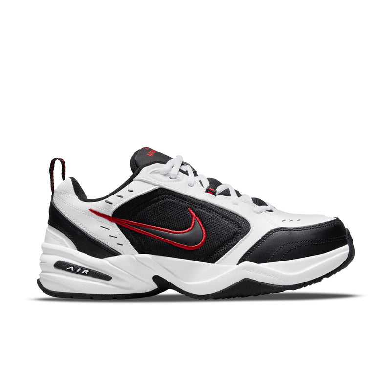 Men's white, black, and red athletic sneaker with lace-up front and curved sole