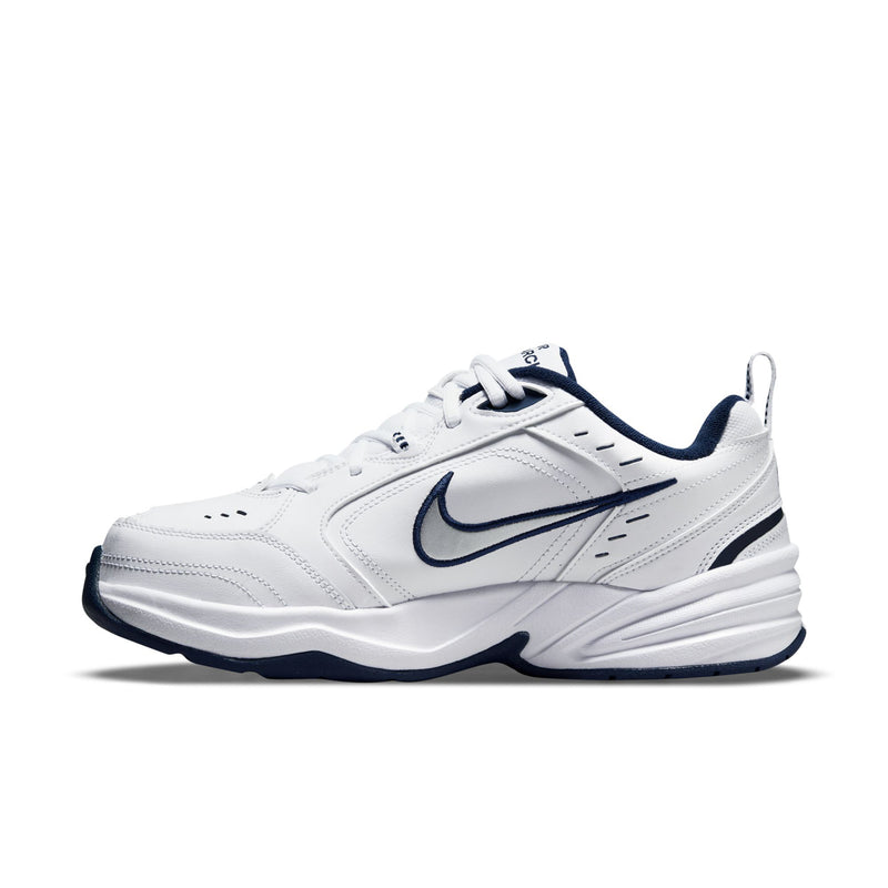 Men's white lace-up sneakers with navy swoosh and streamlined side panels