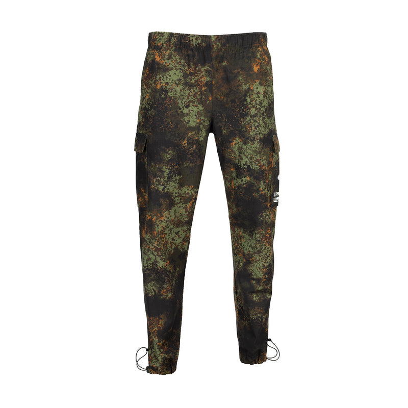 Men's woven camo pants in medium olive, elastic waist, ankle drawstring