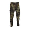Men's woven camo pants in medium olive, elastic waist, ankle drawstring