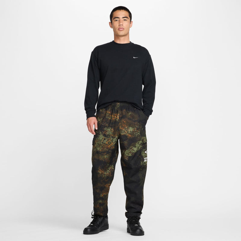 Men's woven camo pants, full length with elastic waist and ankle drawstring