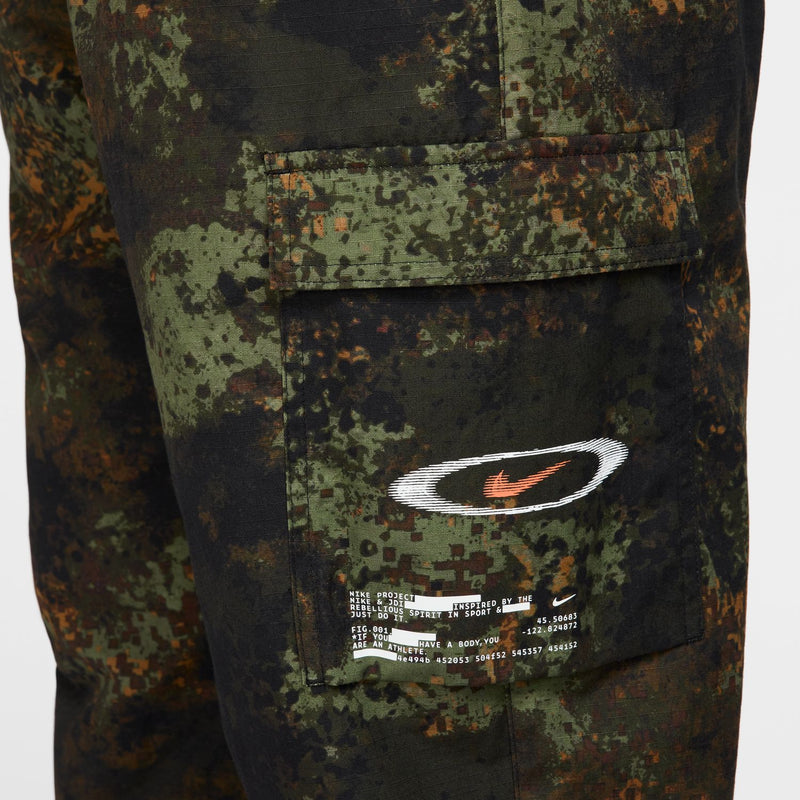 Men's woven camo pants with cargo pocket patch and Nike logo