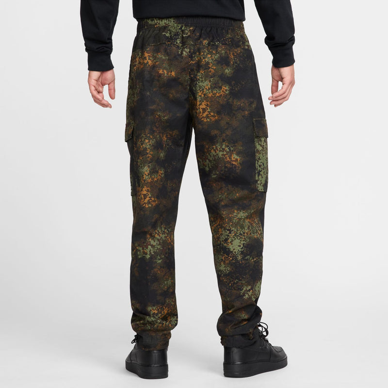 Men's woven camo pants with elastic waist and ankle drawstring, full view