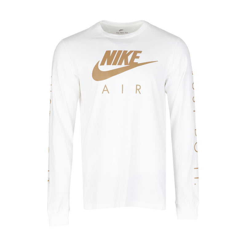 Men's white long-sleeve T-shirt with Nike Air gold reflective front graphic