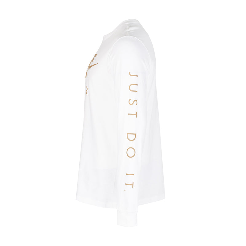 Men's white long-sleeve T-shirt with gold vertical JUST DO IT graphic on sleeve