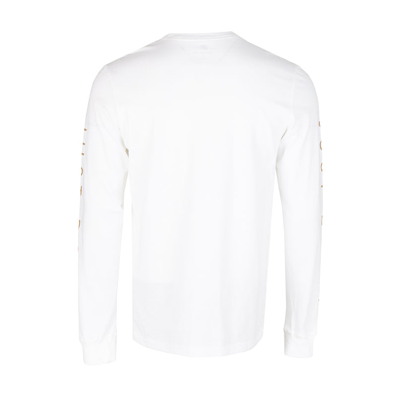 Men's white long-sleeve T-shirt with gold sleeve side graphics