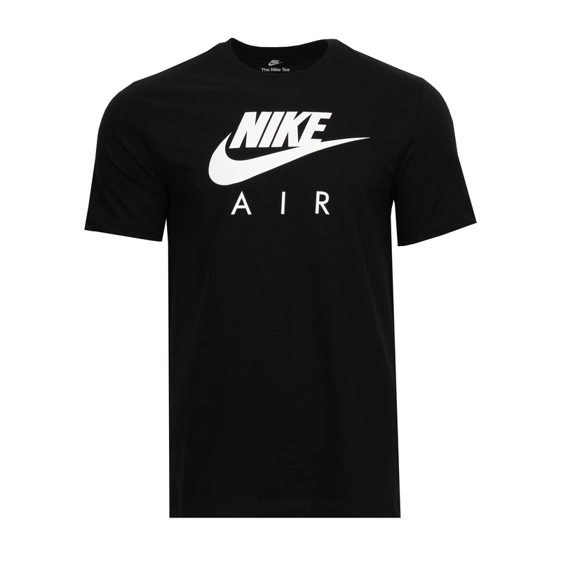 Men's black graphic Air T-shirt with white Nike logo and AIR text on front