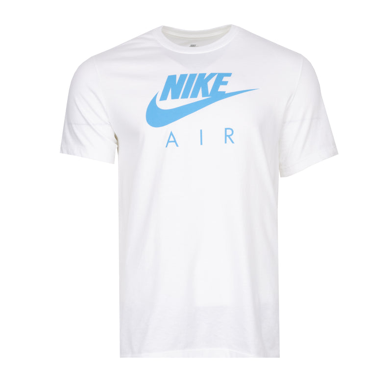 Men's white Nike Air T-shirt with blue swoosh and AIR graphic