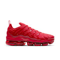 Men's red running shoe with lace-up top and Air-cushioned sole, textured upper.