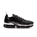Men's black running shoes with white swoosh, sculpted midsole, and visible Air pods