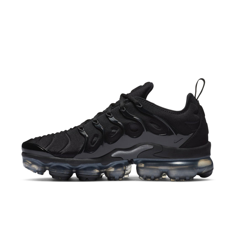 Women's black lace-up sneakers with sculpted side overlays and clear air bubbles.