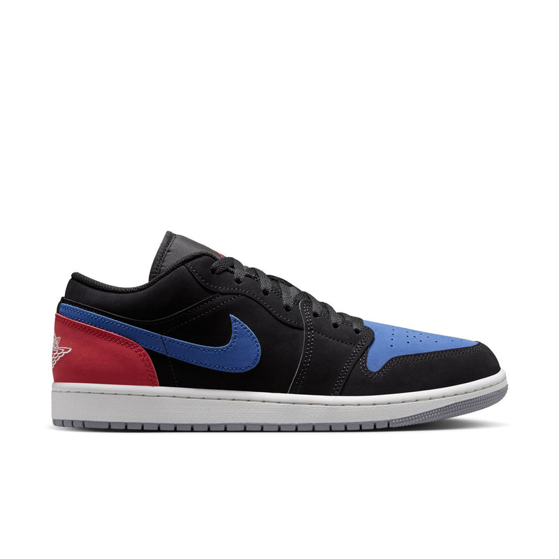 Black low-top sneaker with blue swoosh, white midsole, red side panel