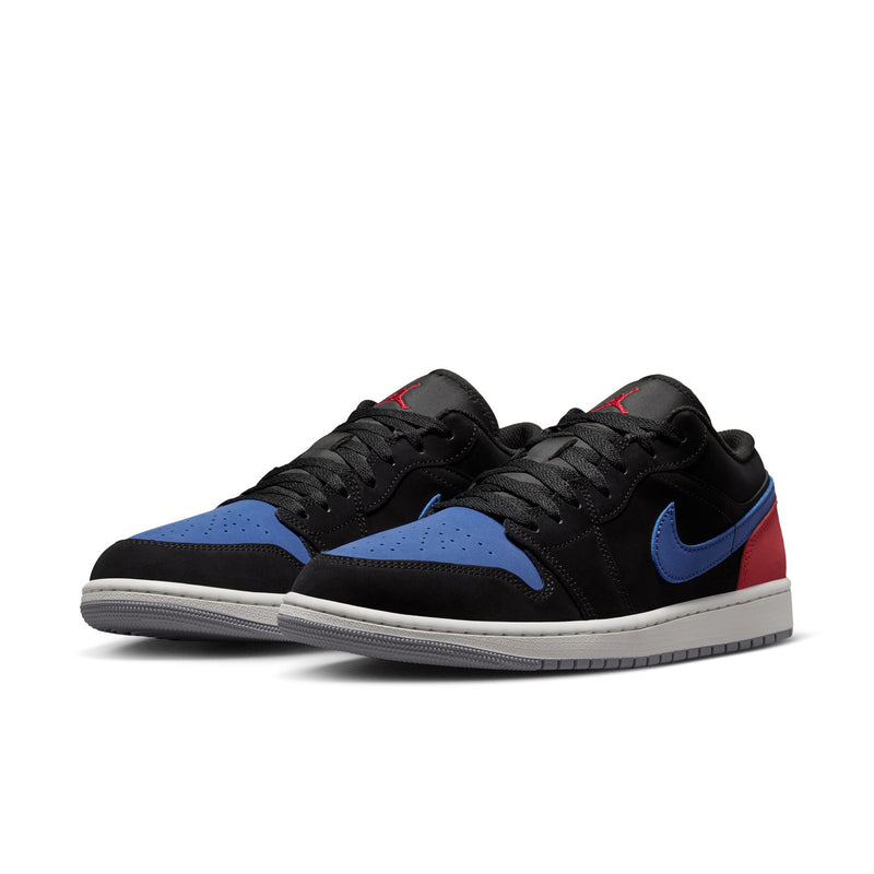Black low-top sneaker with blue and red accents, lace-up with blue swoosh