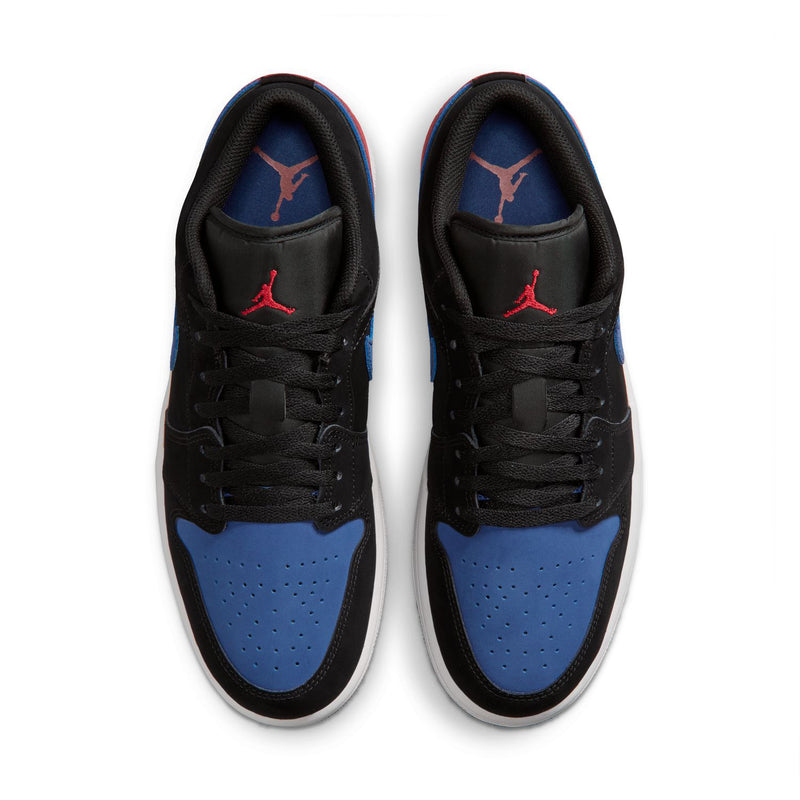 Pair of black low-top sneakers with blue panels and red Jumpman logo