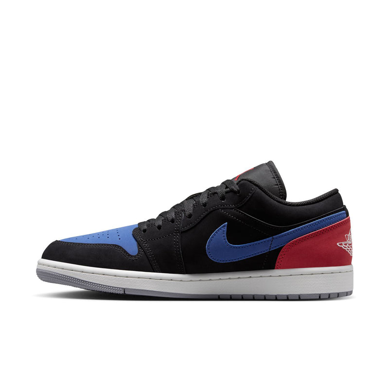 Black low-top sneaker with blue swoosh and red quarter panel, white midsole