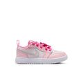 Kids' AJ 1 Low SE sneakers in pink with gray swoosh and white midsole, side view
