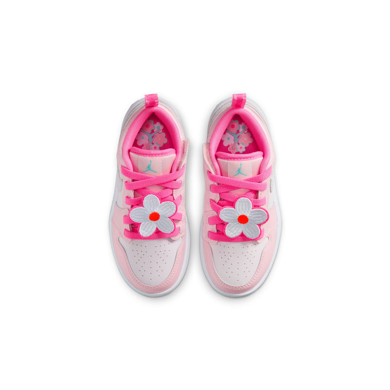 Kids' AJ 1 Low SE sneakers in pink and light aqua with flower side accents