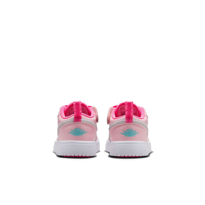 Kids' AJ 1 Low SE sneakers, pink with light aqua logo on the heel, rear view
