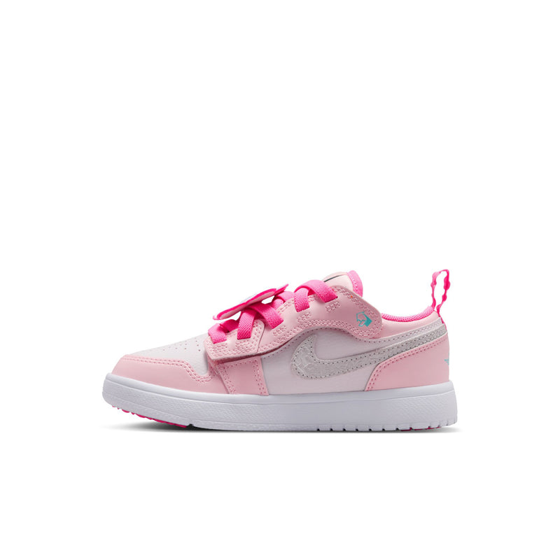 Kids' AJ 1 Low SE sneakers in pink with pink laces and stitched swoosh detail