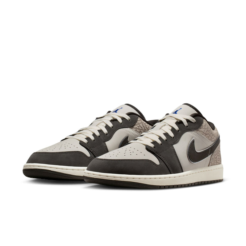 Men's low-top sneakers in gray and black with white laces and black/gray swooshes
