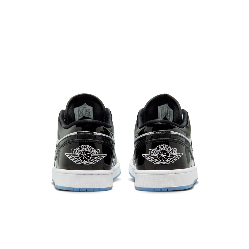 Mens low-top sneakers rear view, black heel with blue outsole and embroidered graphics