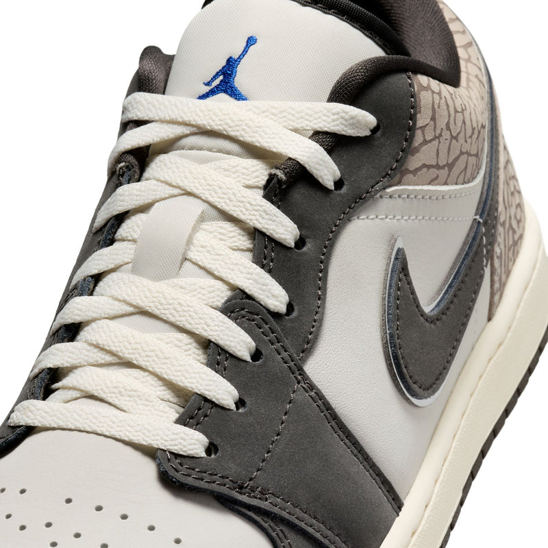 Close-up of men's low-top sneakers, white laces, gray panels, blue Jumpman logo