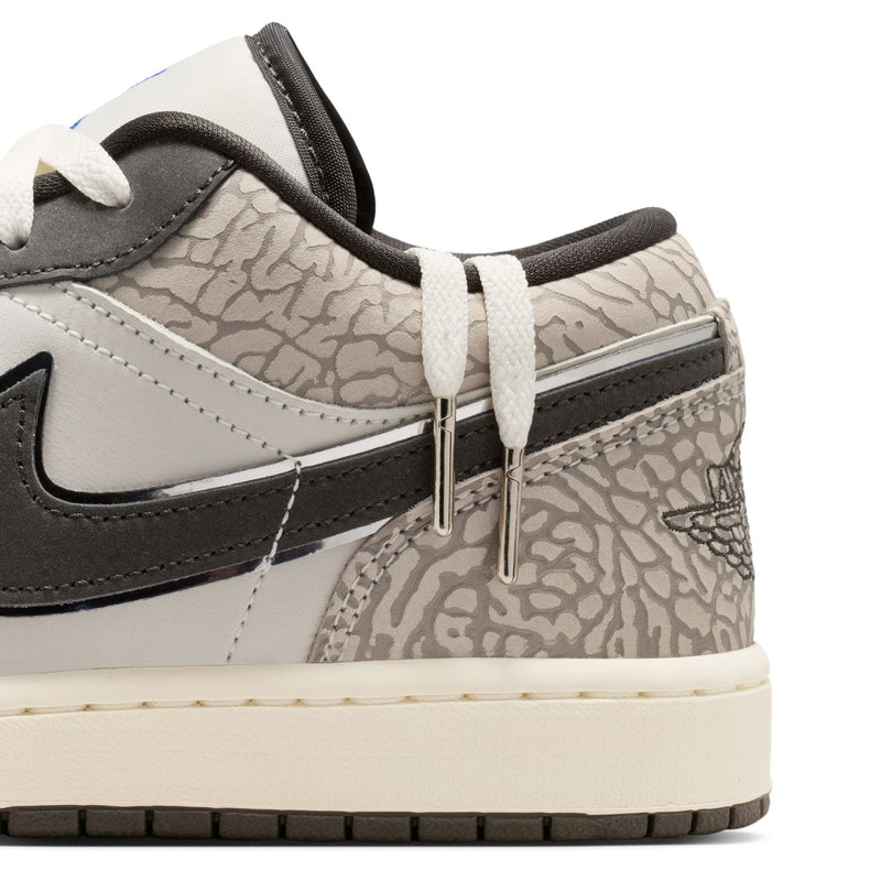 Close-up of men's low-top sneakers, patterned gray upper with black swoosh and lace lock