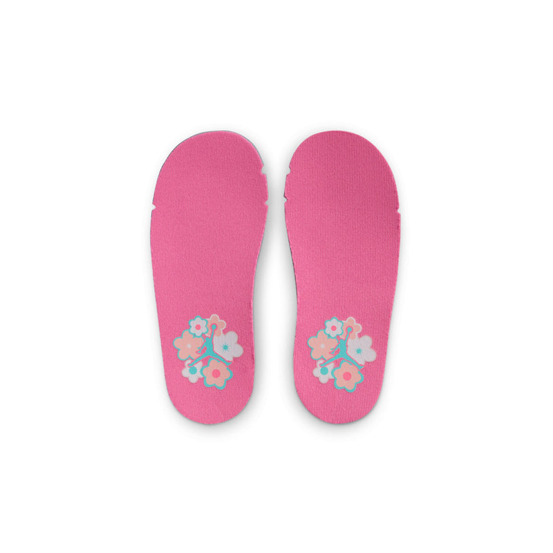 Pink toddler insoles with small floral print on the front