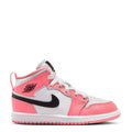 Kids Air Jordan 1 Mid sneakers, pink and white with black swoosh and lace-up mid-top