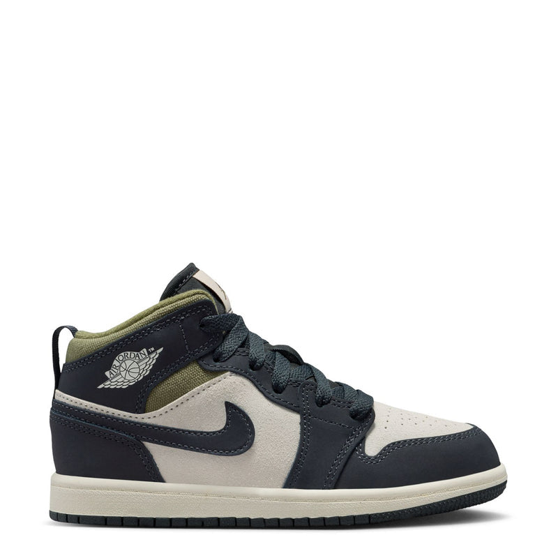 Kids' mid-top sneakers in dark navy, olive, and light cream with lace-up closure