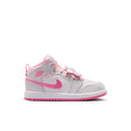 Kids mid-top sneakers, light gray with pink laces and pink side Swoosh, flat sole