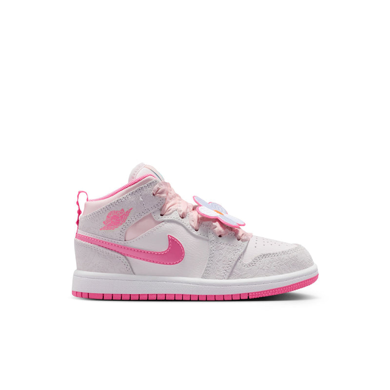 Kids mid-top sneakers, light gray with pink laces and pink side Swoosh, flat sole