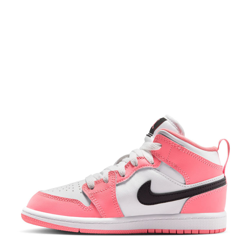 Kids Air Jordan 1 Mid sneakers, pink leather panels with white toe and black swoosh