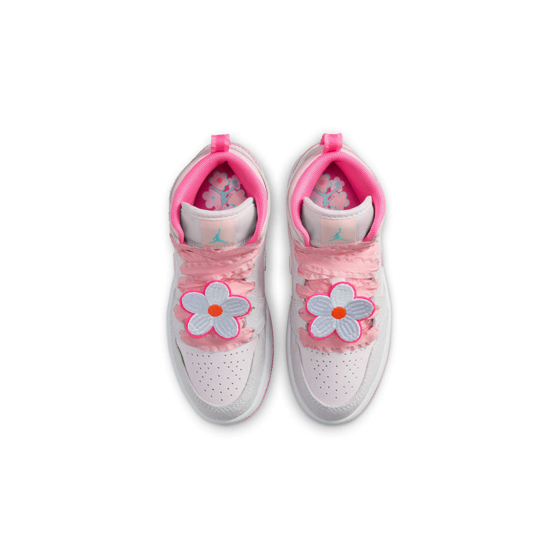 Kids mid-top sneakers, light gray uppers with pink lining and flower appliques