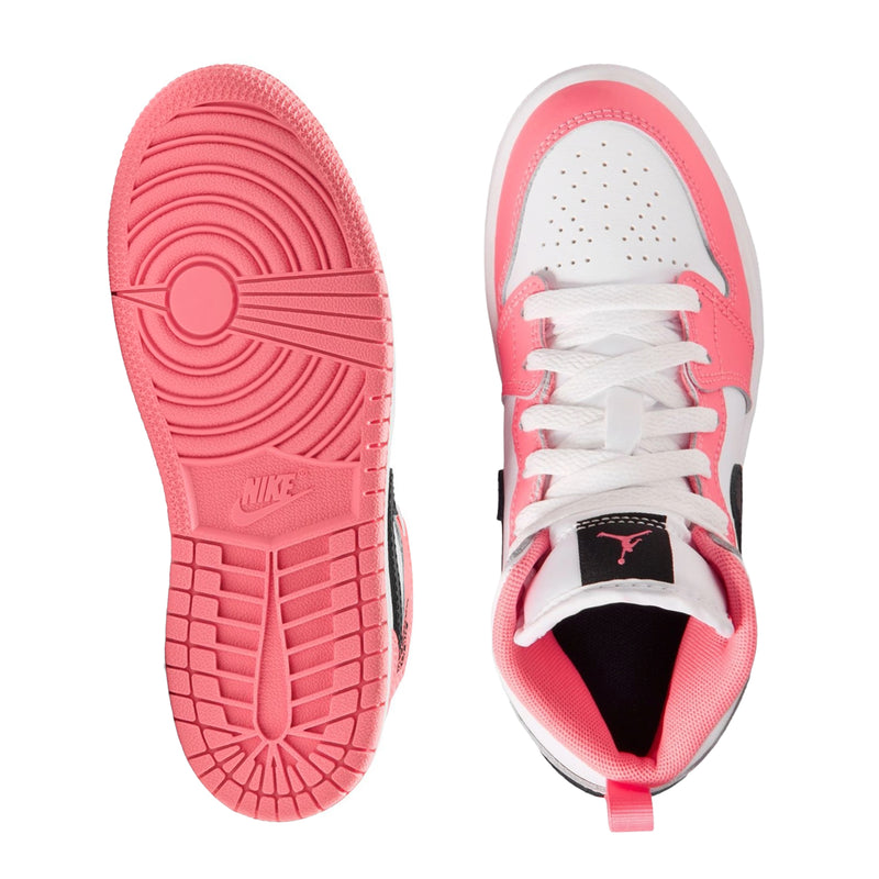 Kids Air Jordan 1 Mid sneakers: pink outsole and white/pink upper with laces