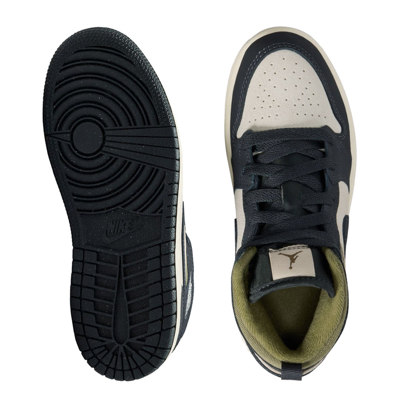 Kids' mid-top sneakers outsole and toe, dark navy tread with light cream upper