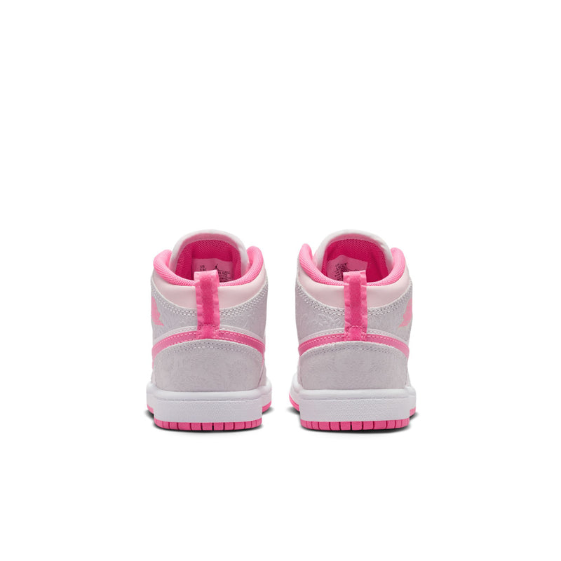 Kids mid-top sneakers, heel view with pink back pull tab and pink-striped outsole