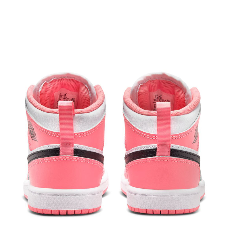 Kids Air Jordan 1 Mid sneakers heel view, pink and white with black stripe accents