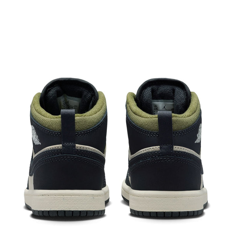 Kids' mid-top sneakers heel view, dark navy uppers with olive inner lining