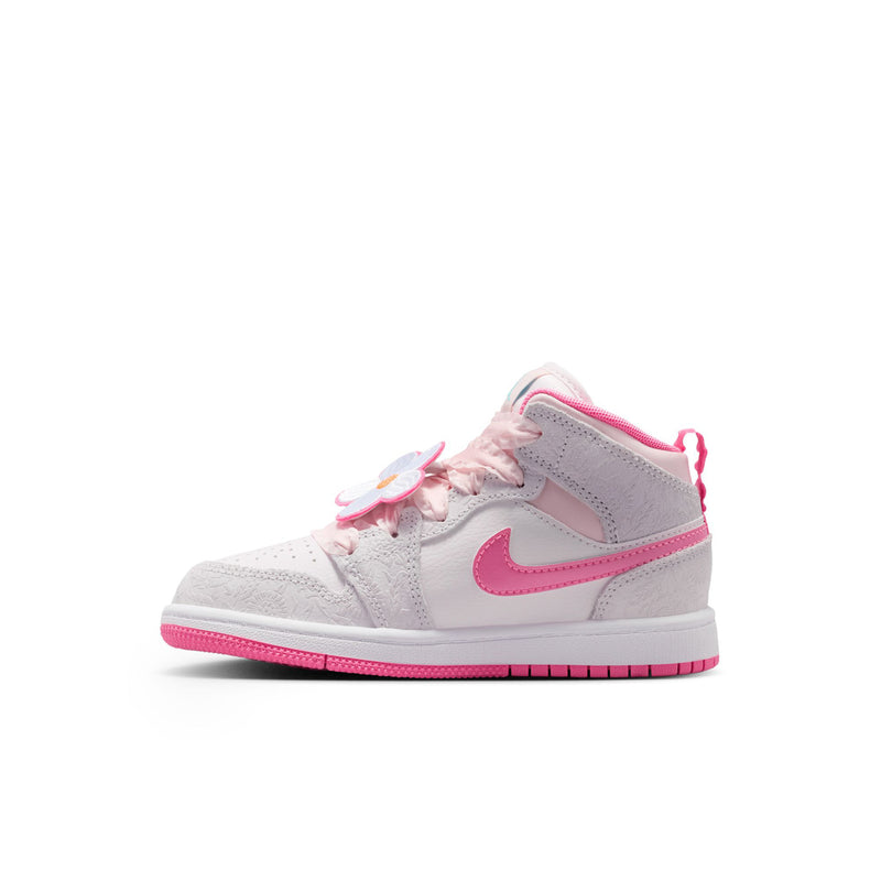 Kids mid-top sneakers, light gray upper with pink Swoosh, pink laces and trim