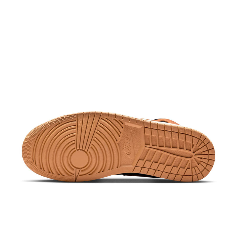 Tan outsole for black and wheat mid-top sneakers with traction tread