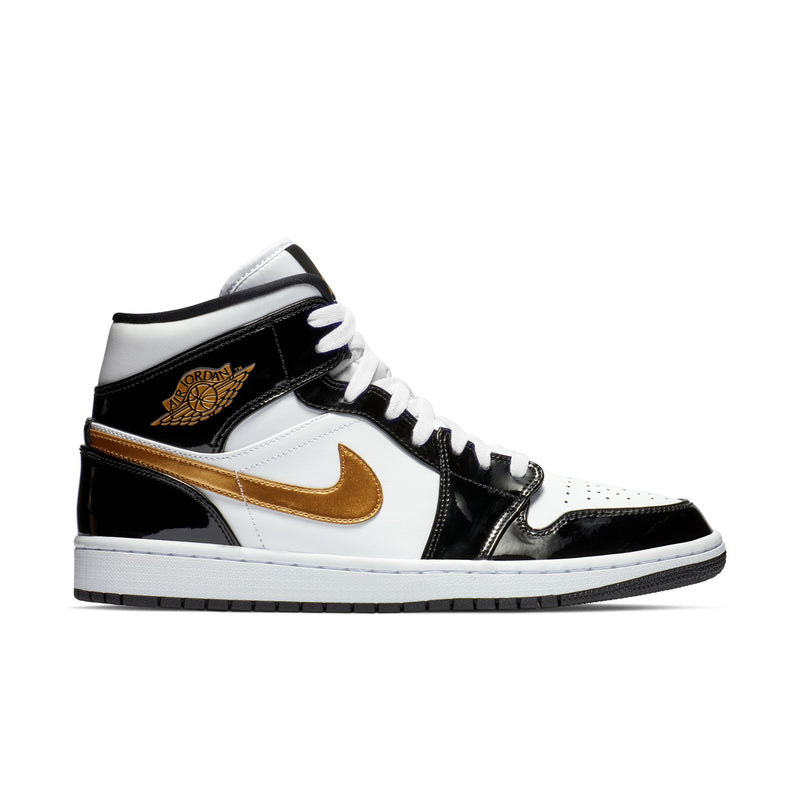Men's mid-top sneakers, black/white with metallic gold Nike swoosh