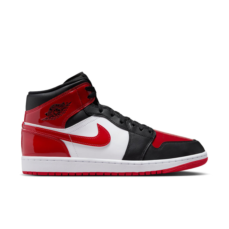 Air Jordan 1 Mid SE mid-top sneakers in black, red, and white patent leather