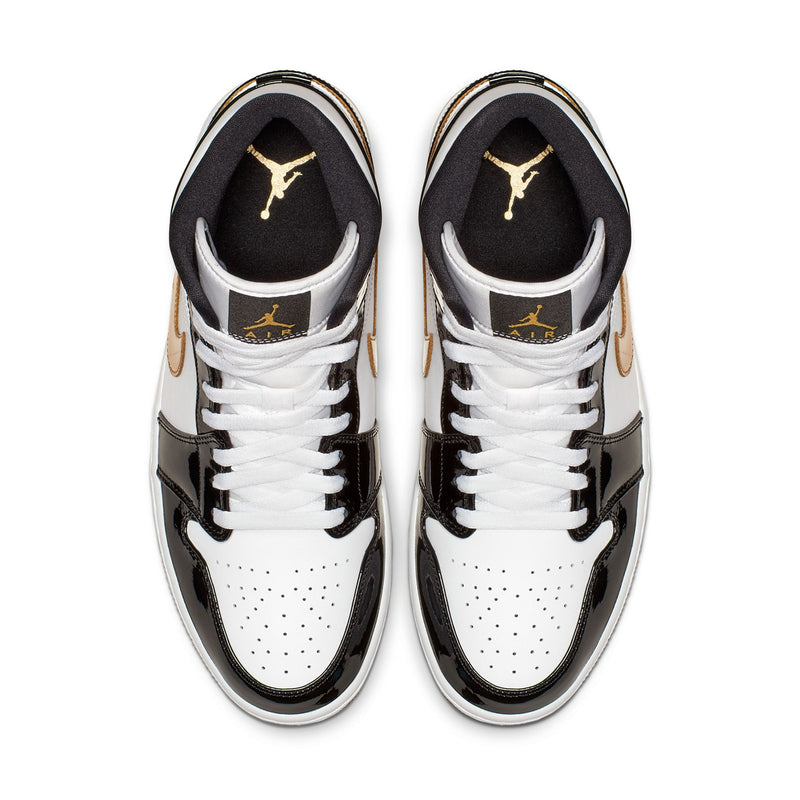 Men's mid-top sneakers, white laces with gold Jordan logo on black tongue